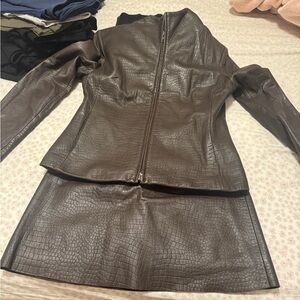 Express Dark Brown Croc-Embossed Leather Jacket and Skirt Set
